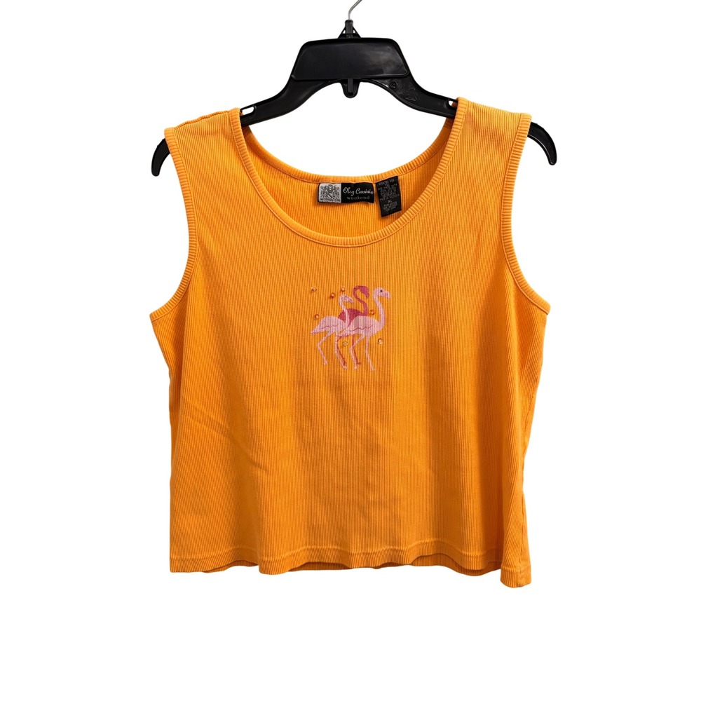 Y2K Oleg Cassini Tank Top Vintage Flamingo Women XL Orange Ribbed Beaded